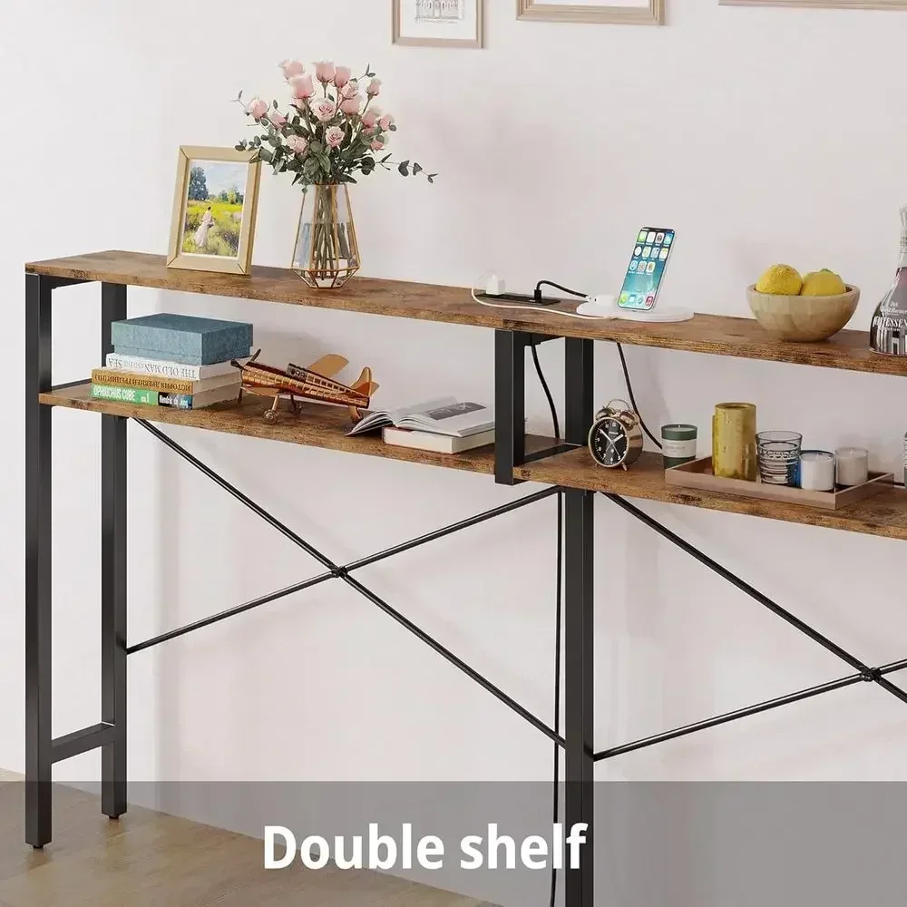Power Outlet Dining Table, Long Sofa Table with Shelves, X-Design Sofa Table, Slim Entryway Sofa Table, Vintage Brown view 6