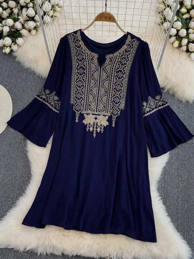 Summer Temperament Loose Ethnic Style Embroidered Dress Cotton Linen Holiday Vintge Dresses Women D1445