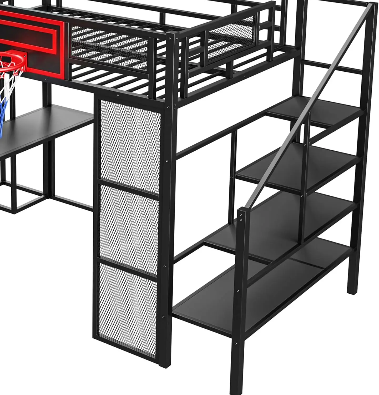 سرير علوي معدني كامل الحجم مع زحليقة ودرج، إطار سرير علوي بتصميم صناعي مع حلقة كرة سلة مدمجة ومكتب