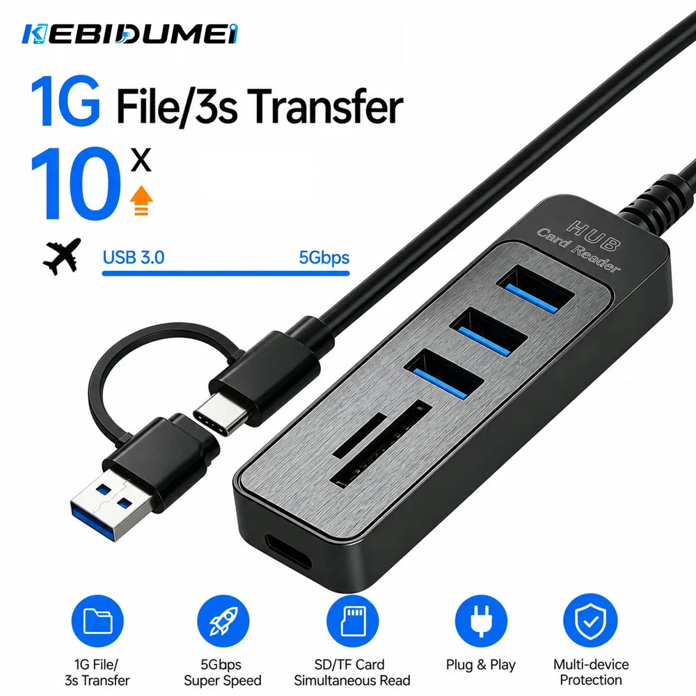 KEBIDUMEI High Speed 6 Ports HUB USB 3.0 Adapter Expander Multi USB Splitter Multiple Extender TF Card Reader for PC Laptop