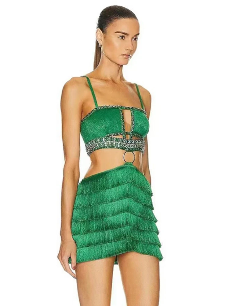 Sexy Spaghetti Strap Hollow Out Crystal Bandage Dress Women Green Sleeveless Backless Tassel Bodycon Dresses Evening Party Club