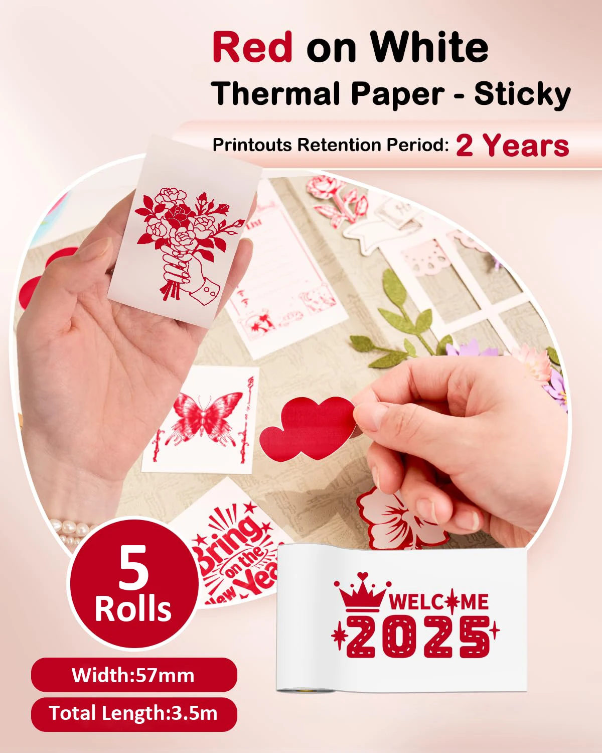 5 لفات Phomemo T02 طباعة ورق حراري لاصق أحمر، ورق طابعة ملون، متوافق مع T02/M02X/M02L