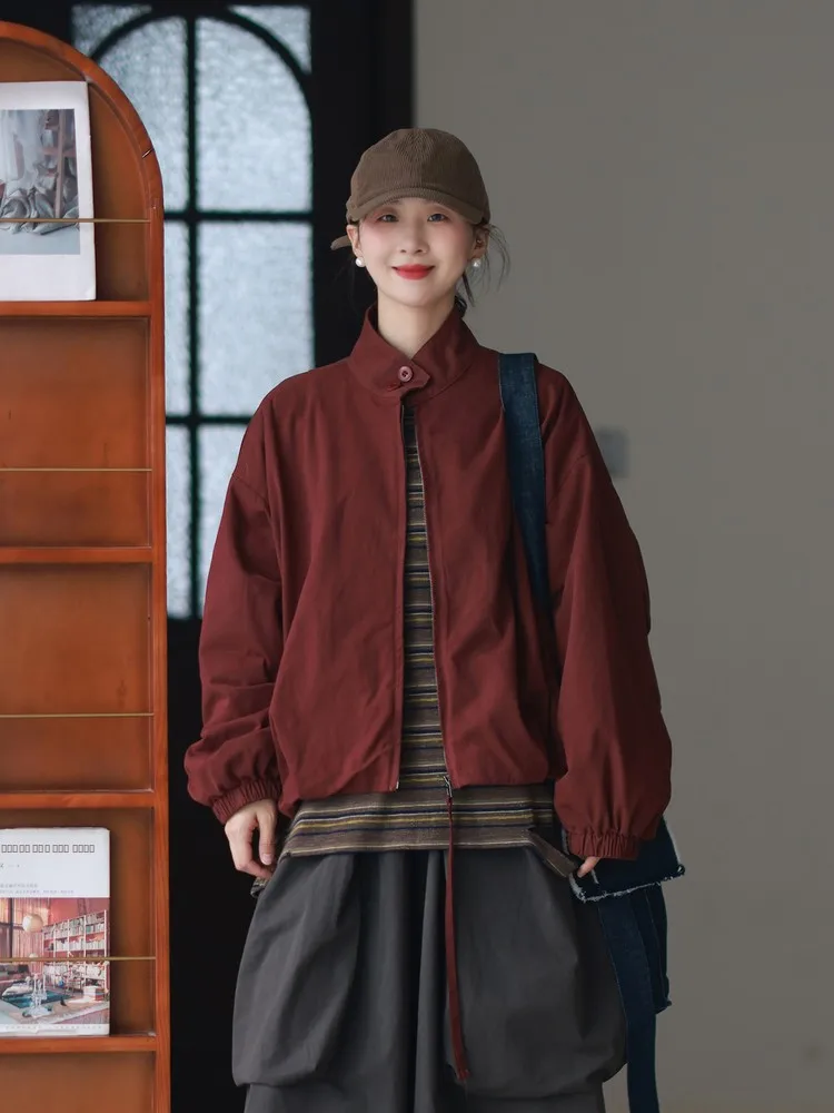 

Loose Casual Pure Cotton Zipper Jaet Women's Autumn New Arrival Loose Fit Stand Collar Long Sve Top for Ladies