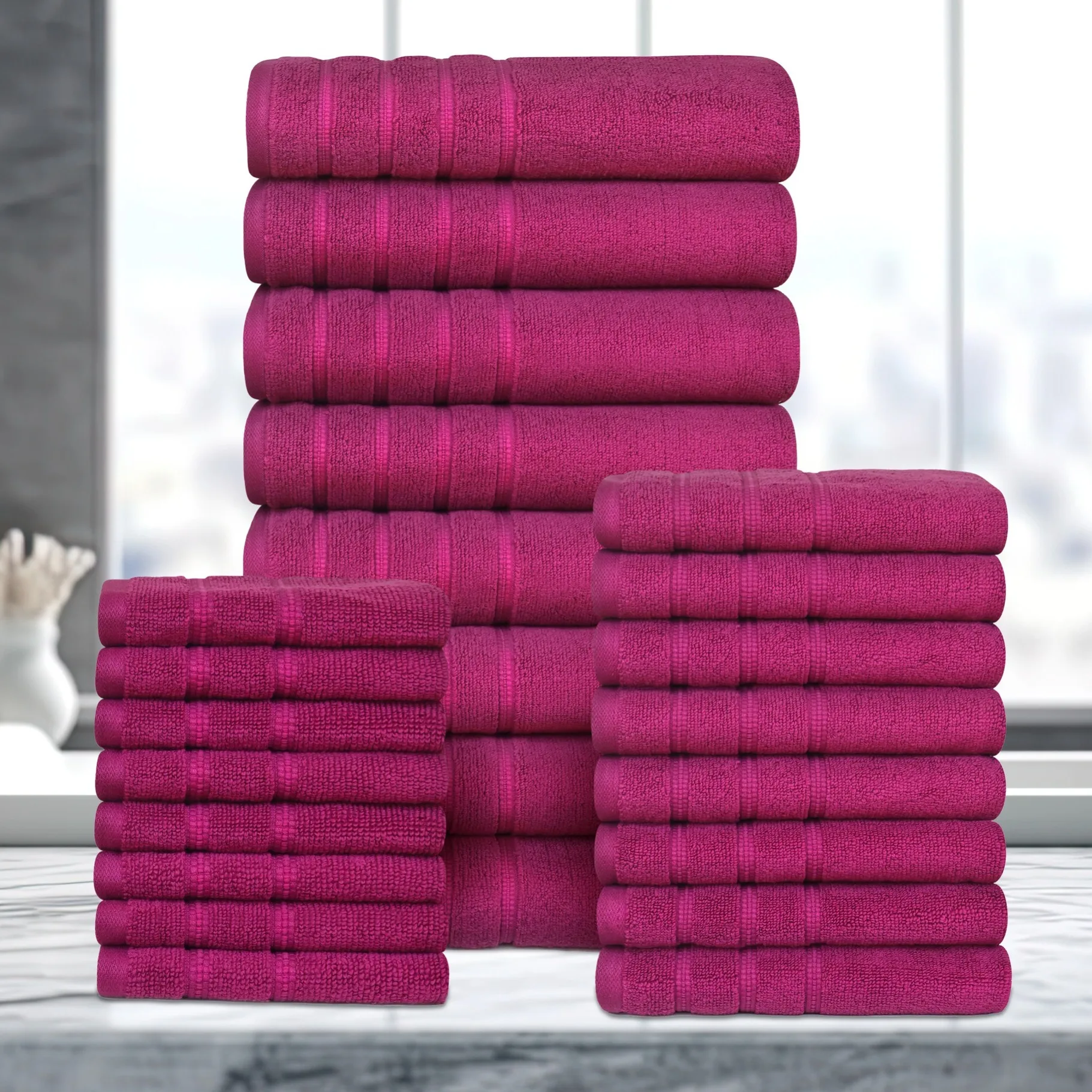 

Dan River 24 Piece Zero Twist Egyptian Cotton Towel Set . The set is made of 100 Egyptian cotton known for its softness, absorbency, and durability. Includes 8 Bath Towels (27" x 54"), 8 Hand Towels (16" x 28"), 8 Wash Towels (13" x 13")