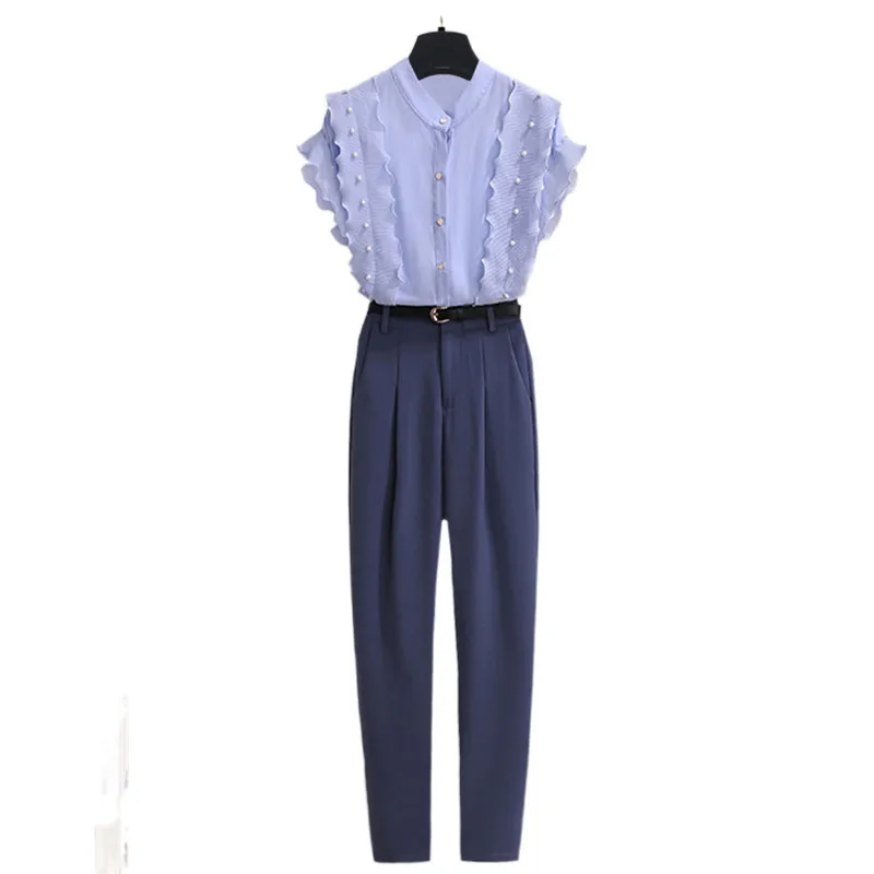 Ruffle Ruffled Short Sleeved T-shirt Commercial Pencil Pants Two-piece Elegant Women\'s Pants Suit Summer Office Outfits