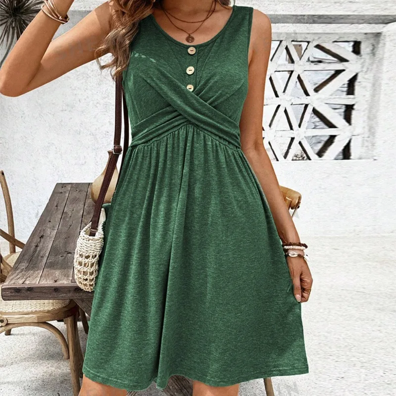 

High Waist Sleeveless Tank Dress Women Summer Buttons X Cross Ruched Folds A-Line Vintage Mori Style Casual Green Dress Commute