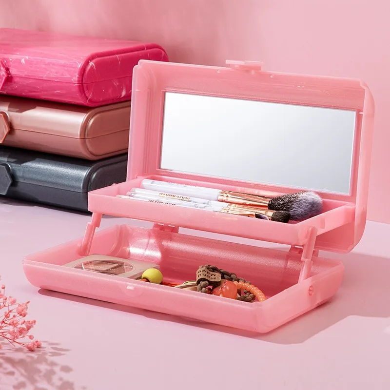 Make-up-Box mit Spiegel, Aufbewahrungsbox für Nagelkunst, doppellagige Aufbewahrungsbox für Mädchen und Studenten, tragbare Aufbewahrungstasche für Reisekosmetik