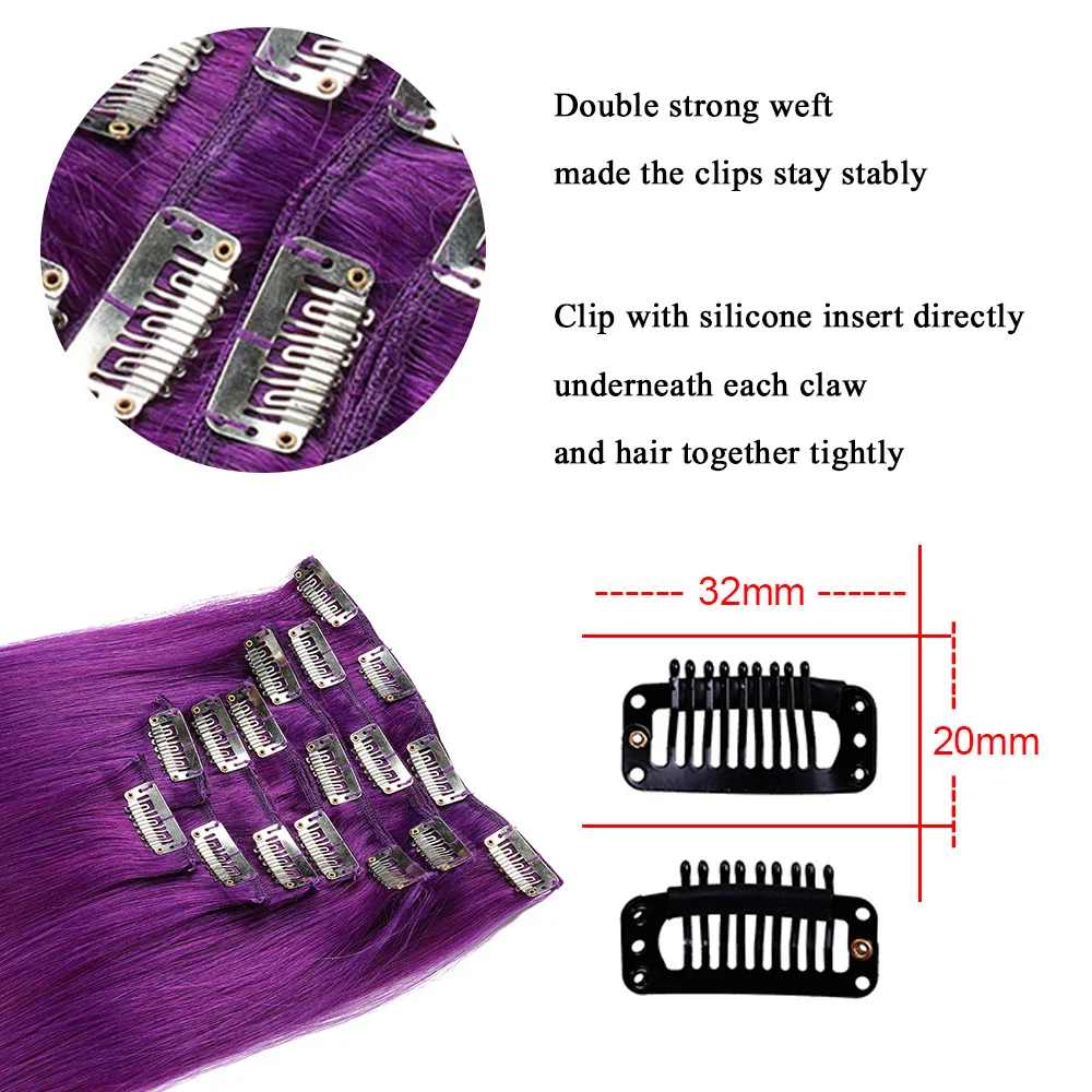 Extensiones de cabello humano Real púrpura con Clip, 8 Uds., extensión de cabello humano liso sin costuras, Color Lila para mujer