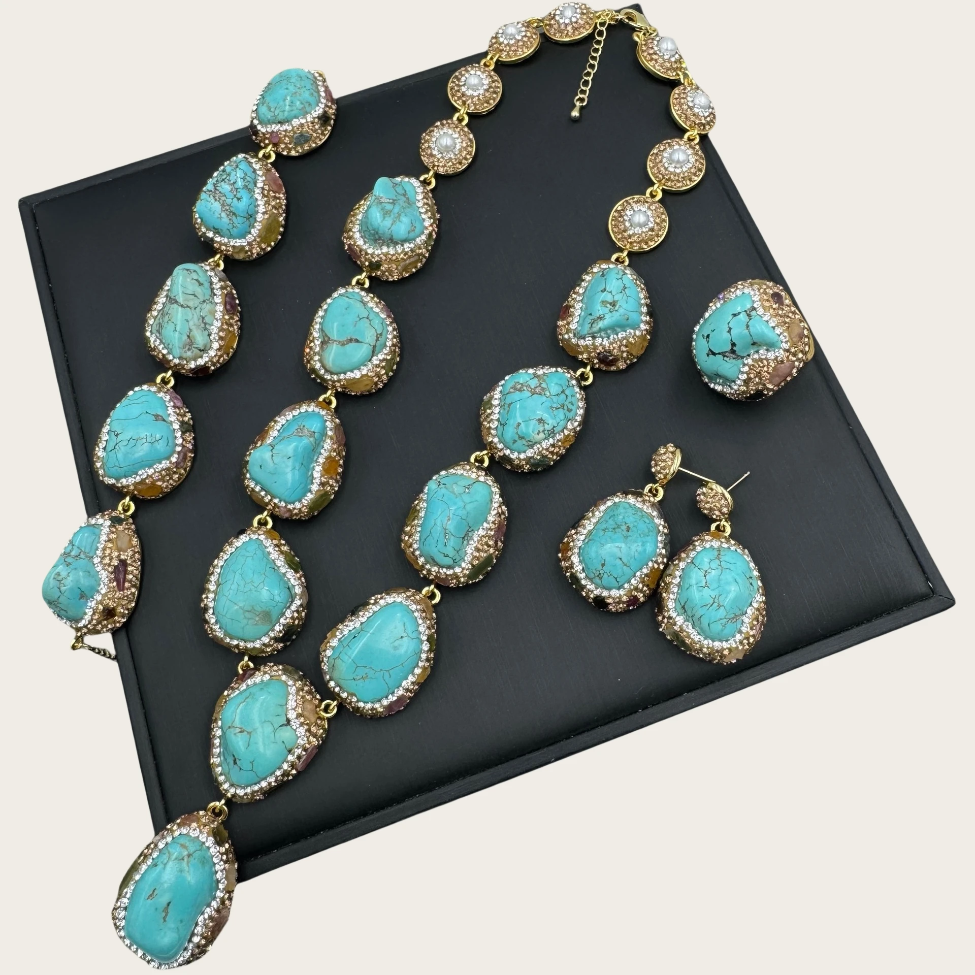 Turkish Rough Turquoise Necklace with Natural Pearl Inlay Jewelry Set Ethnic Style Handmade Simulated Gem Stone Four Piece Set