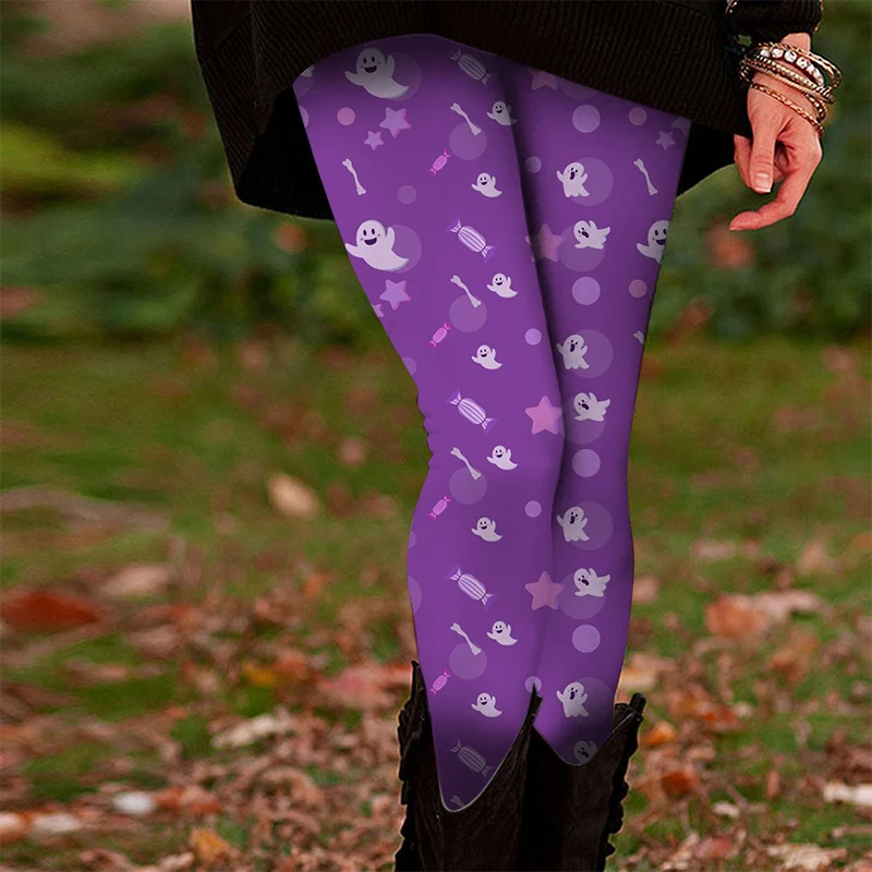 

Plus Size, Women's Halloween Skull Digital Print Leggings, Pumpkin Pattern Tights for All Seasons