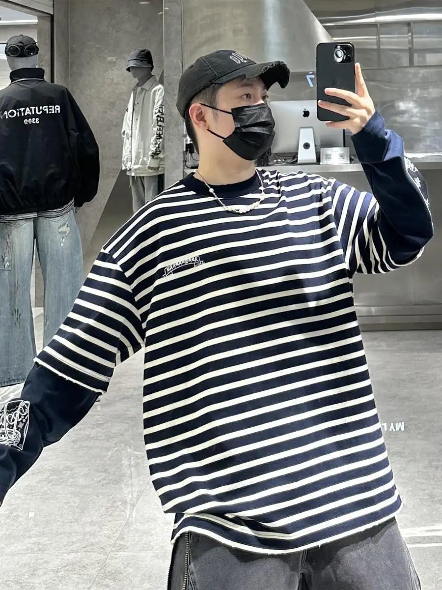 

Loose Fit Youthful Stripe Color Blo Long Sve T-irt Embroidered Lettering Fake Two-Piece Sle Breathable Sweatirt