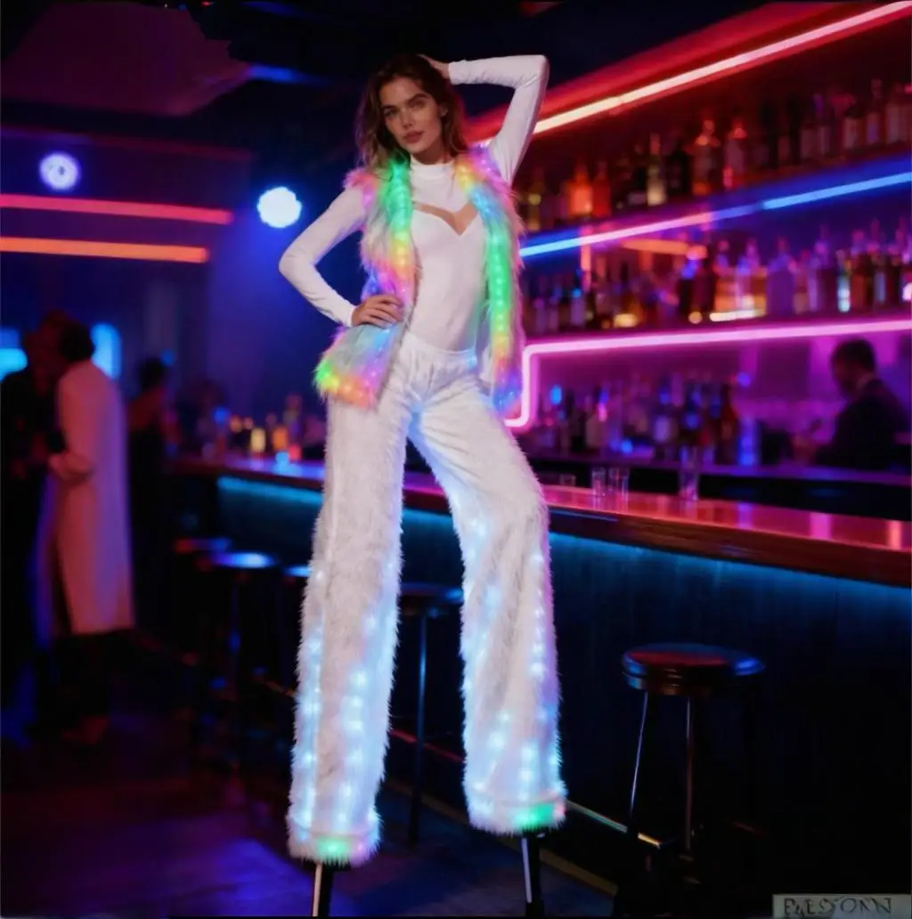 

Светодиодный меховой жилет, ходули, светящиеся меховые брюки, карнавальные костюмы, меняющие цвет, подходящие для сценических выступлений на Хэллоуин