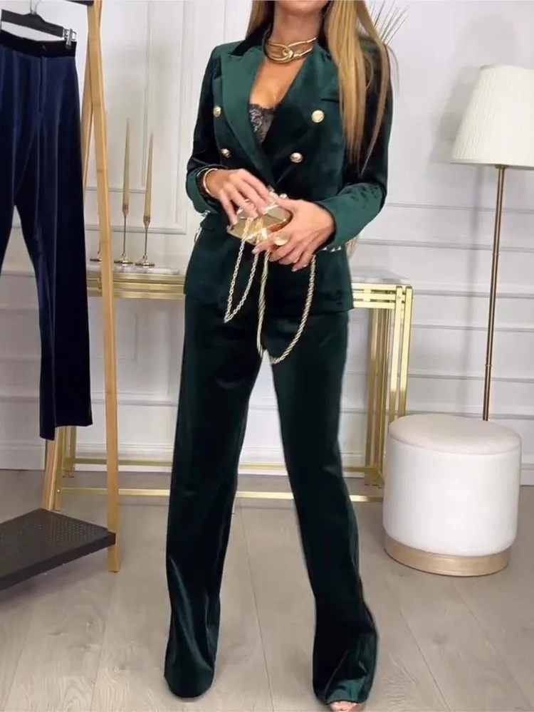 بدلة على الموضة معطف مجموعة للنساء أنيقة الصلبة طويلة الأكمام الخامس الرقبة القمم عالية الخصر بنطال ذو قصة أرجل واسعة 2 قطعة مجموعات سيدة مكتب الملابس
