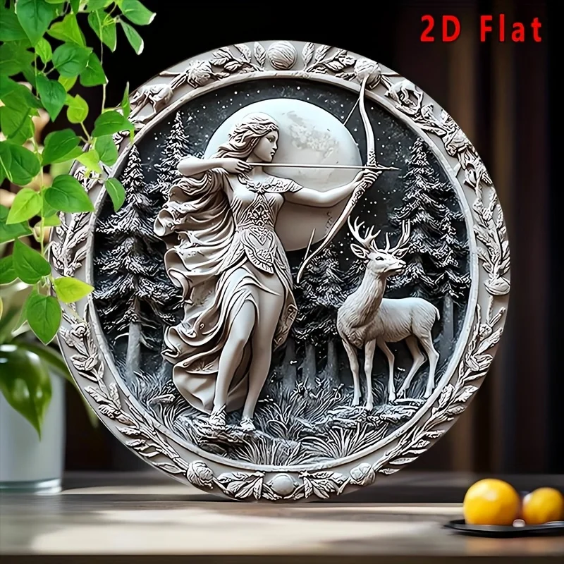 2D Flat, 2D Flat 1pc, Round 2D Artemis Goddess Moon and Deer 8" Iron Metal Sign - Vintage Wall Art - Mythology Decor for Home, B