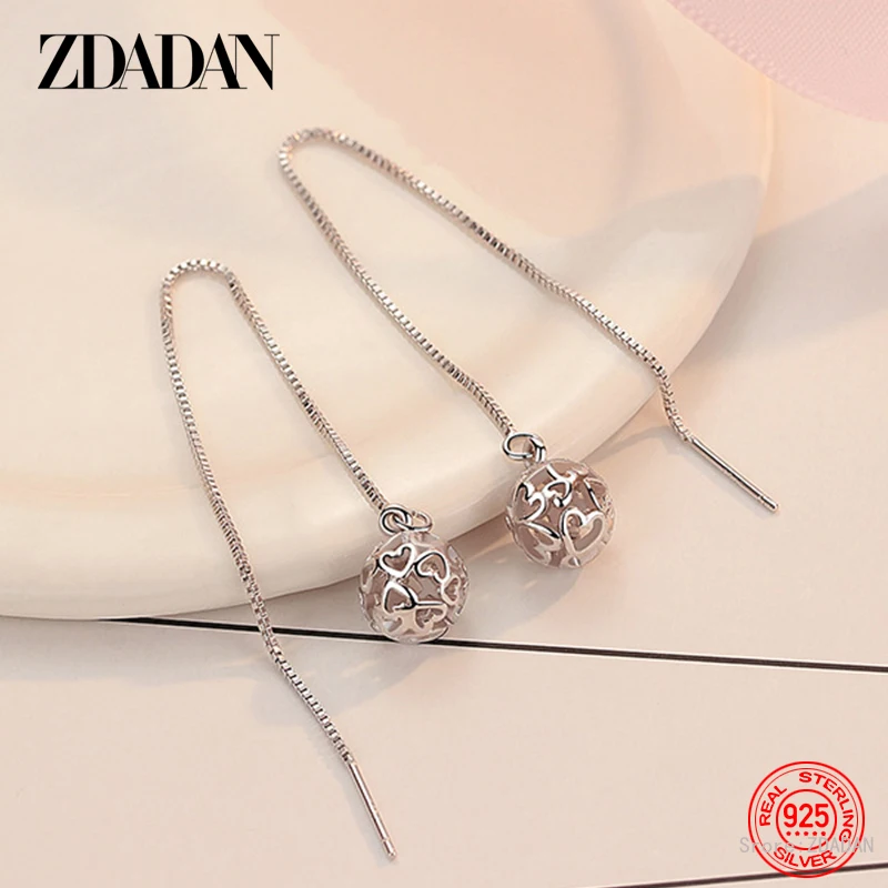 

ZDADAN 925 Sterling Silver 9mm Round Ball Long Chains Drop Earrings For Women Charm Engagement Jewelry Gifts