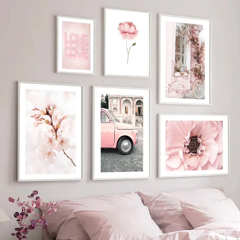 Nordic Poster White Arches Pink Bicycle Car Bloom Cherry Peony Wall Art Prints Canvas Painting Decor Pictures For Living Room