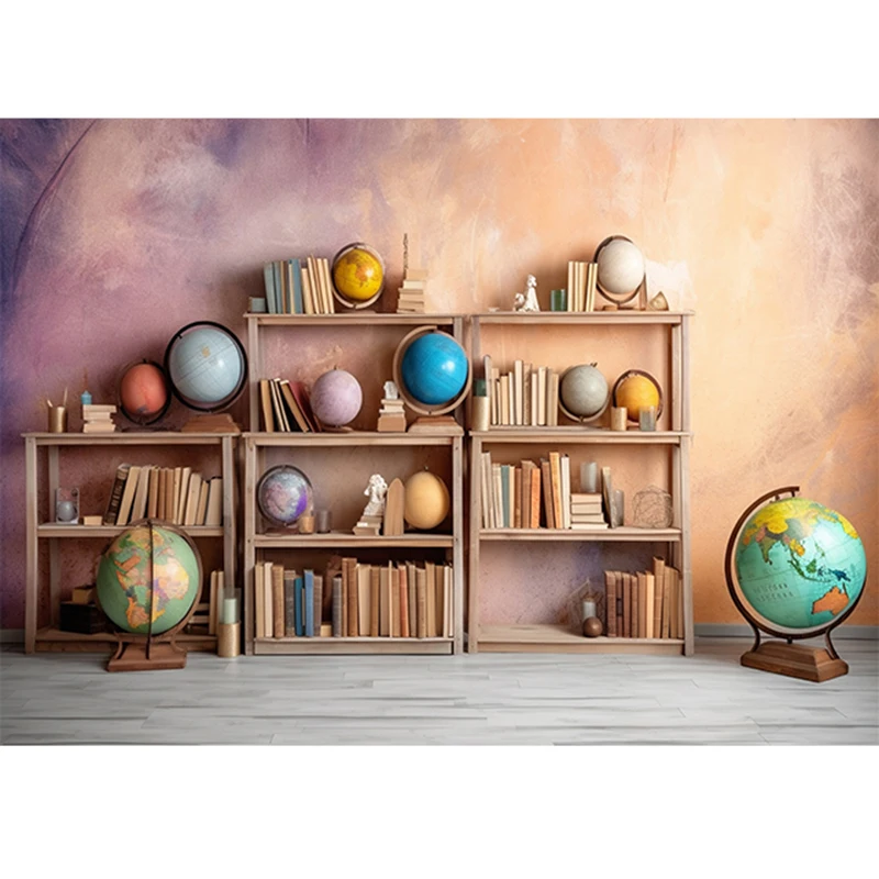 Back to School Backdrop Blackboard Vintage Wood Wall Globe Books Children Portrait Photography Background Photo Studio Props