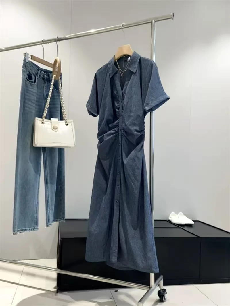 

Elegant Commute Dress Women's Fashion Color Pleated Waist Cinching Slimming Short Sleeve Turn-down Collar Long Dress