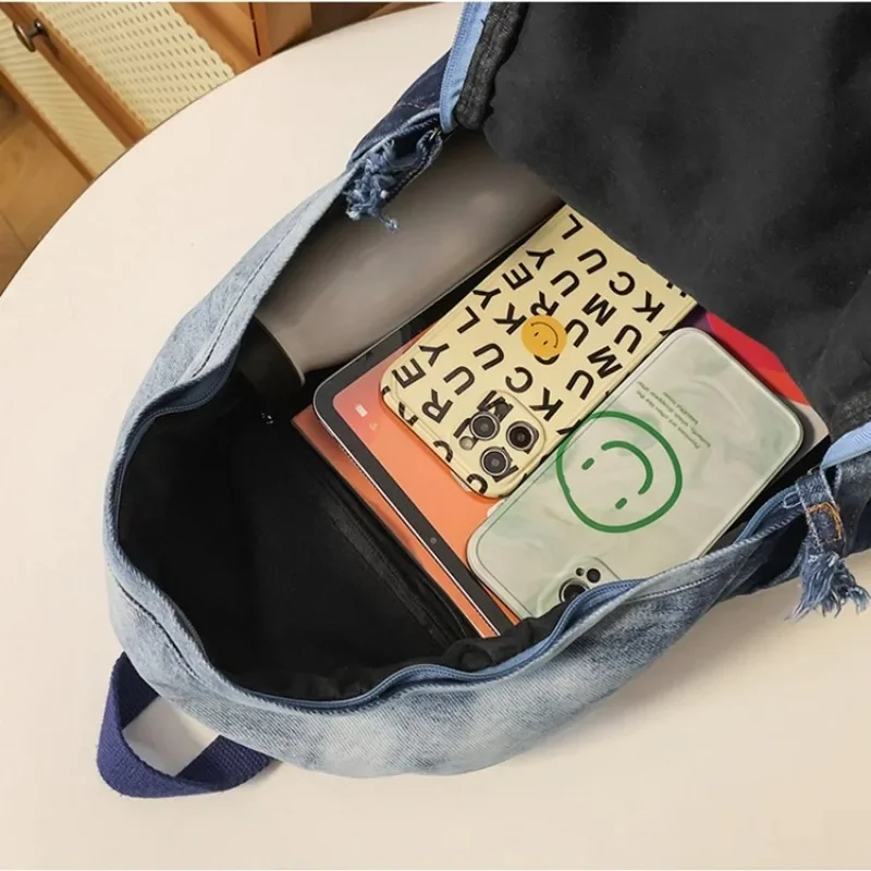 Mbti vintage olá kitty das mulheres mochila denim retalhos bonito y2k moda universidade mochila harajuku dos desenhos animados feminino novo saco