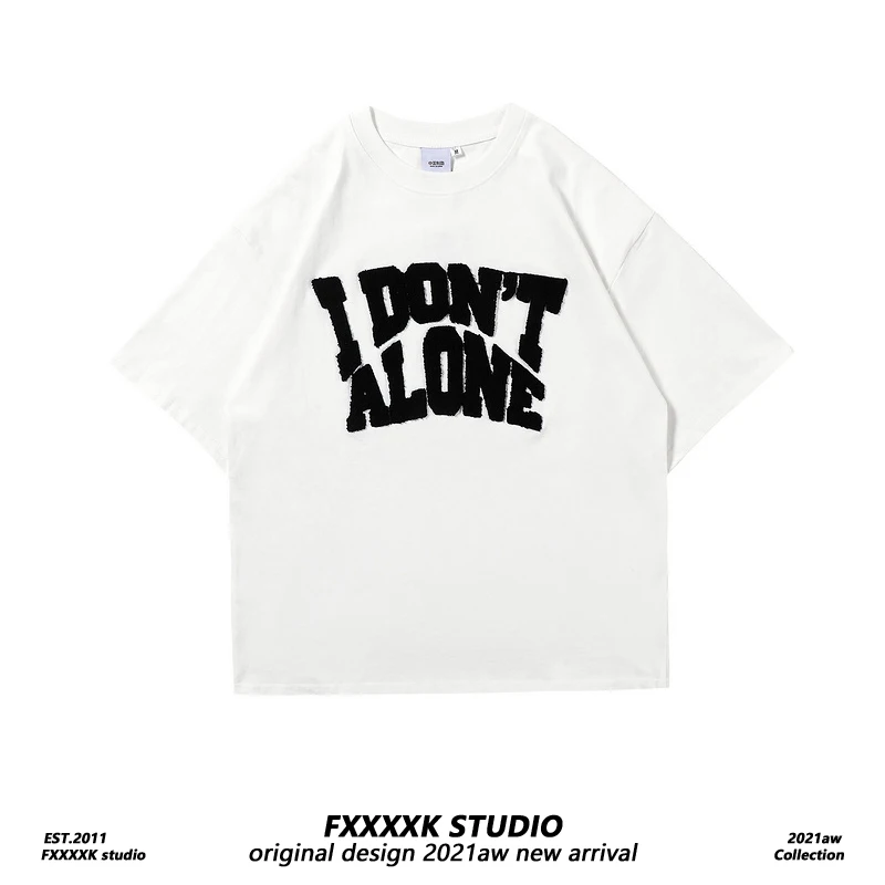 

Оригинальная футболка FXK в американском ретро-стиле с объемной 3D-вышивкой, свободного кроя, для пар, летняя, с круглым вырезом