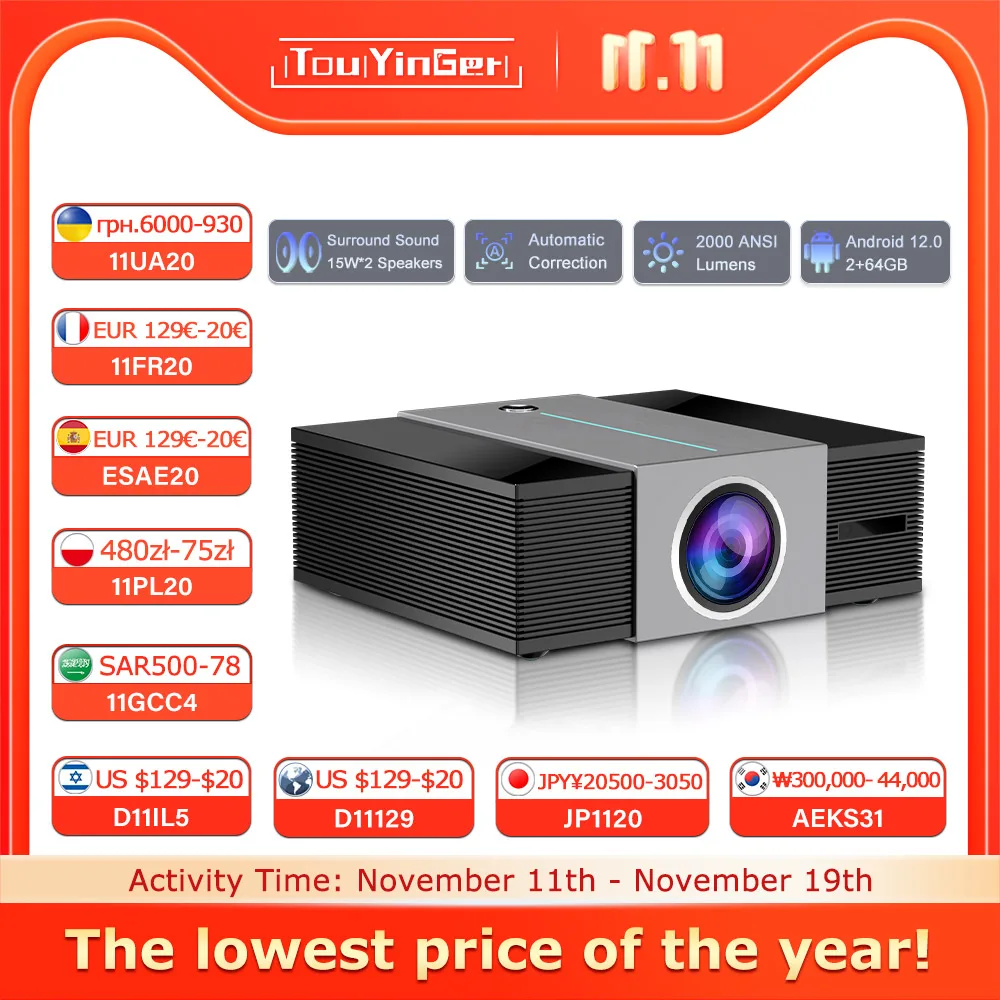 Touyinger Q11W 울트라 완전 밀폐형 풀 HD 4K 비디오 WiFi 안드로이드 고음 저전력 소비 홈 시어터 프로젝터