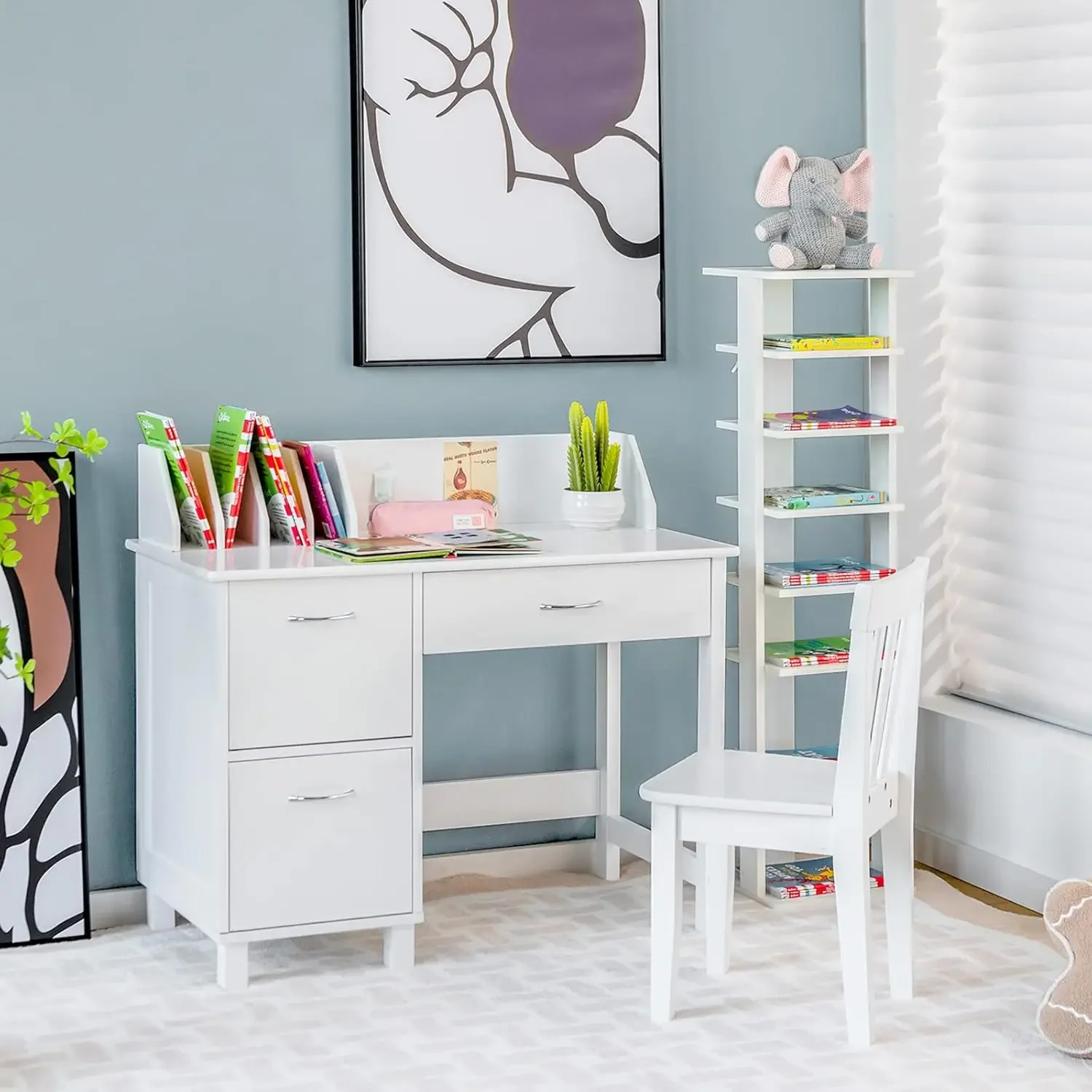 

Kids Desk And Chair Set Student Writing Computer Workstation Children Wooden School Learning Table W/Drawer & Storage Cabinets