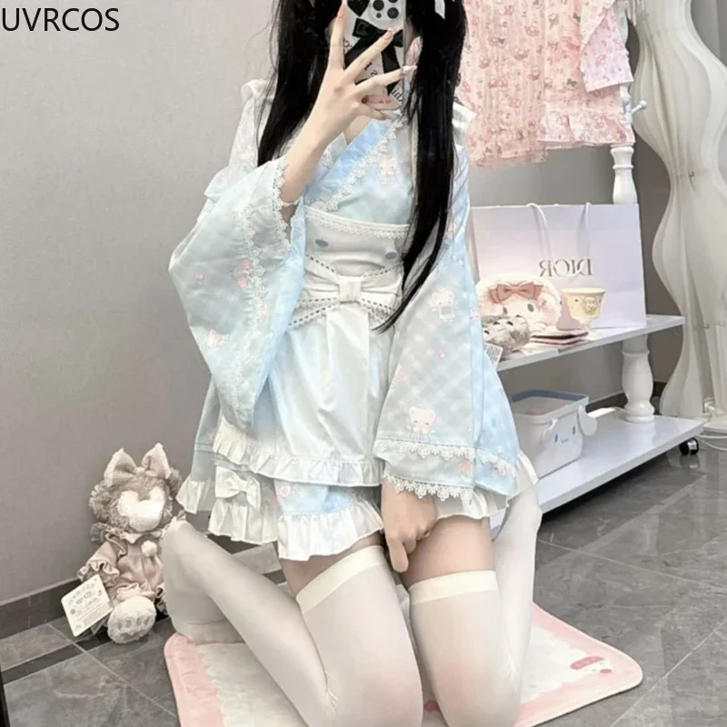 Japanese Sweet Lolita Style Dress Kawaii Cute Cartoon Print Princess Party Dresses with Bow Apron Cosplay Costume Maid Dress Set