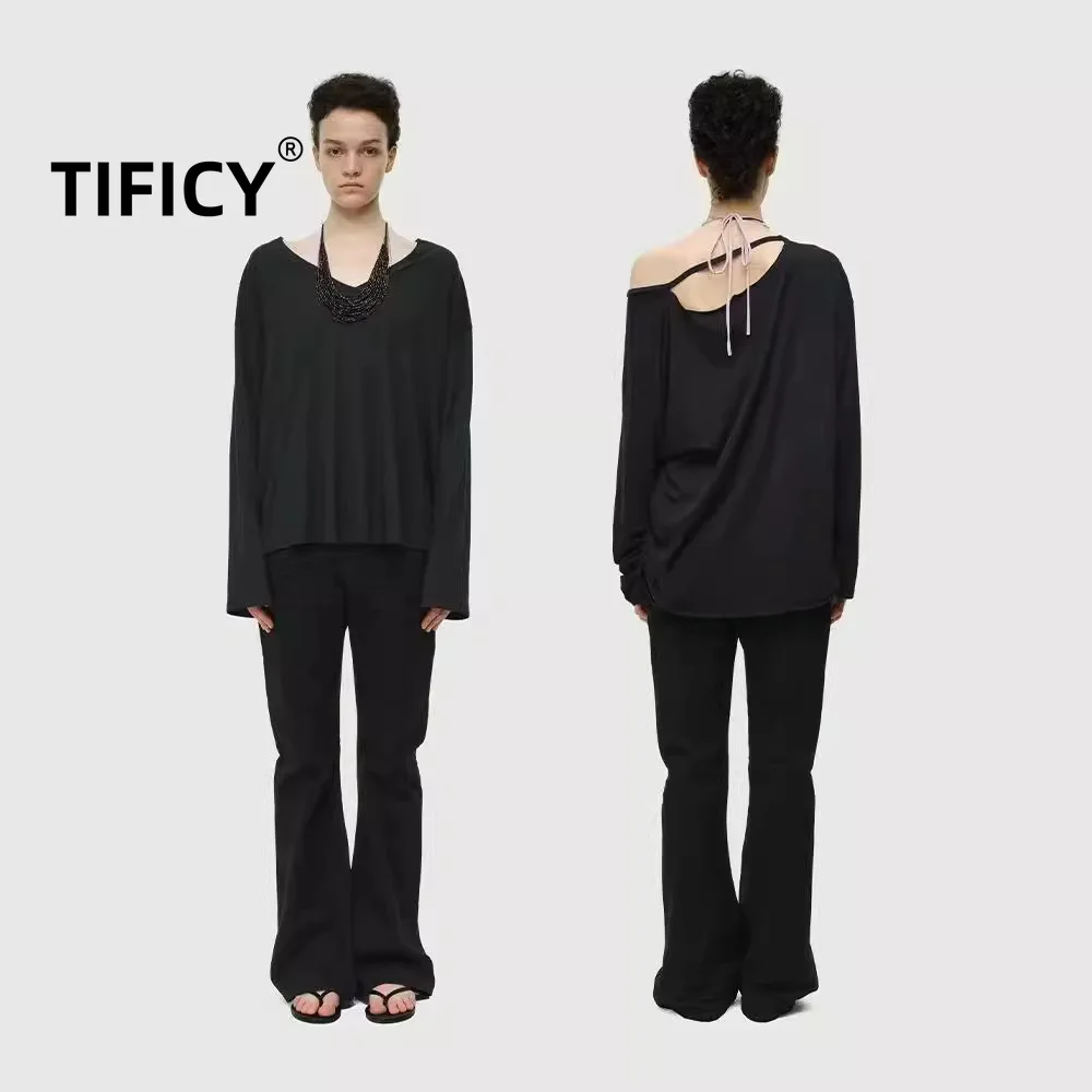 TIFICY High Street Women's Wear V-neck Long Sleeved Long Sleeve Fashion Loose T-shirts Pullover Tops in Front and Back