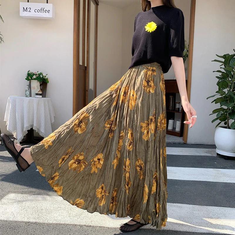 

Floral Pocket Maxi Skirt for Women - High Waist A-Line Spring Summer Skirts with Frill Detail, Fashion Elegant Large Hem Skirt