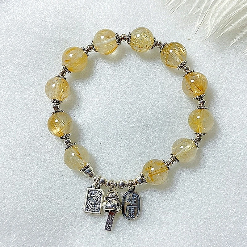 

Natural Gold Rutilated Quartz Bracelet 9mm Stretch Gemstone 925 Sterling Silver Healing Crystal Engergy Quartz Chakras Jewelry W