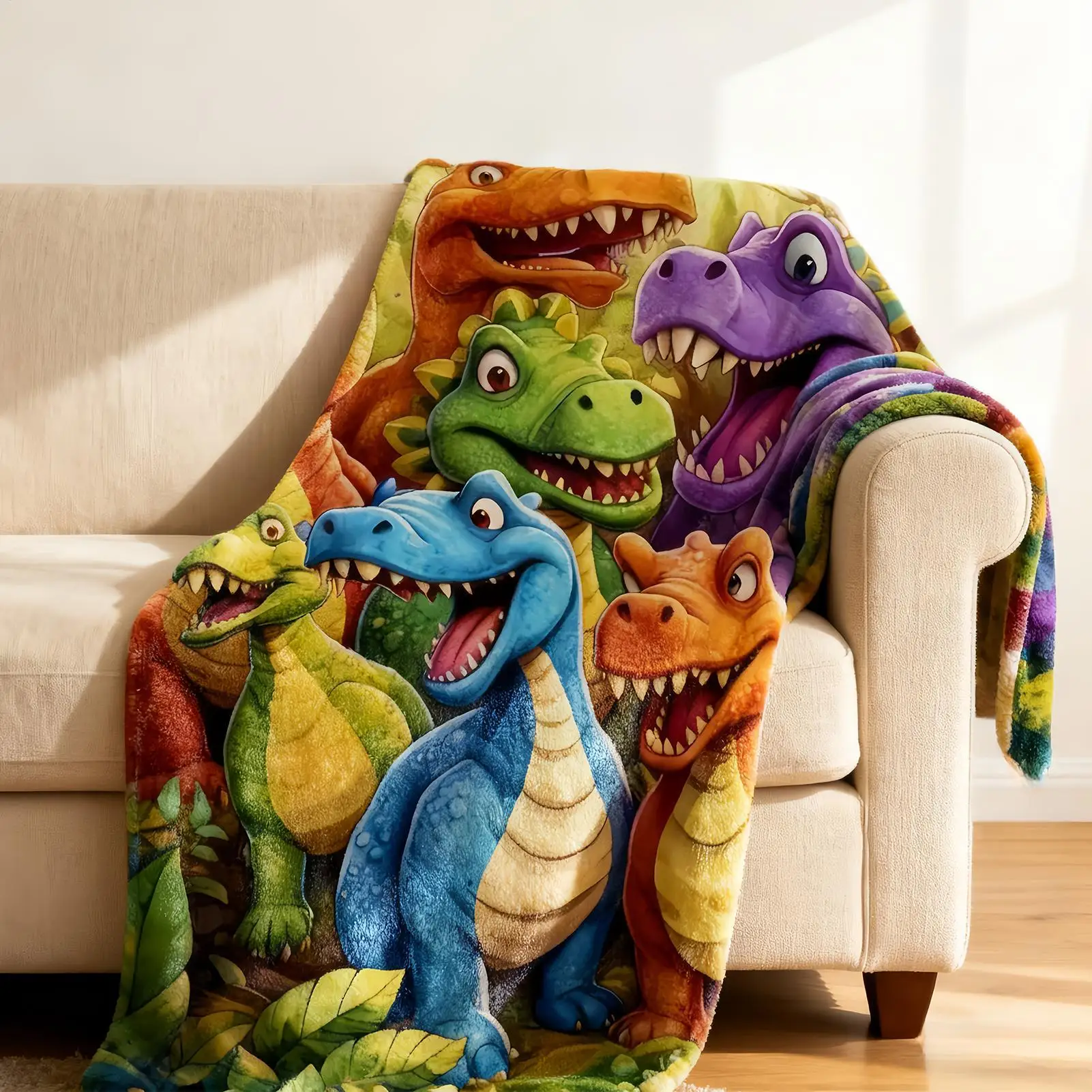 Throw Blanket Flannel Colorful Cartoon Dinosaur Throw Blanket Couch Decor for Sofa Recliner Lounge Bedroom Dorm Apartment Kids