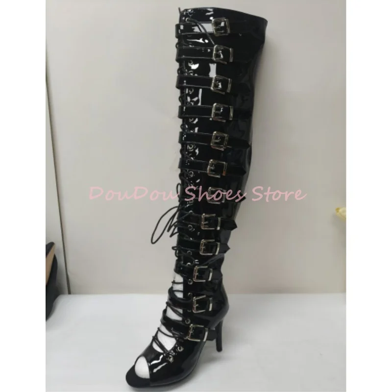 Black Cross Strap Belt Buckle Hollow Long Boots Women Side Zipper Peep Toe Over The Knee Boots Punk Fashion Party Club Shoes New
