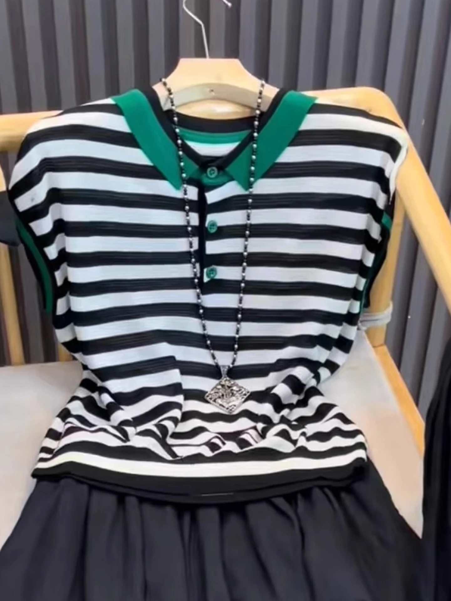 

Уникальный дизайн, повседневная полосатая вязаная футболка с коротким рукавом, дышащая, летняя, модная женская одежда для повседневной носки