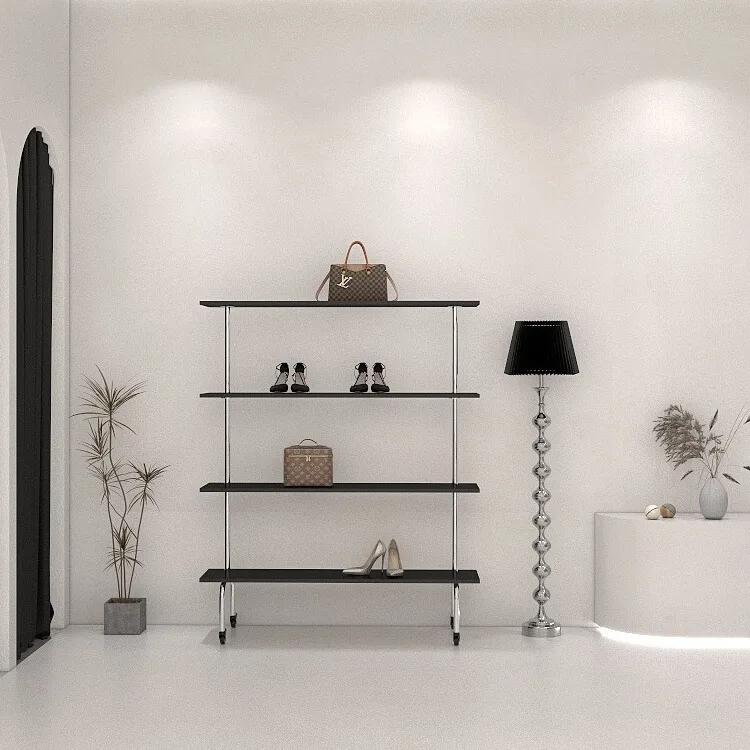 Women's clothing store, shoes and bags, multi-layer shelves, display racks, floor-to-ceiling black display, movable