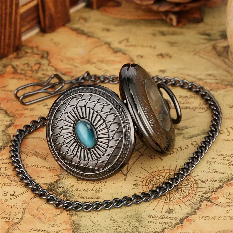 Antique Black Skeleton Handwinding Mechanical Pocket Watch for Mens Womens Blue Crystal Deco Fob Clock with 30cm Pendant Chain