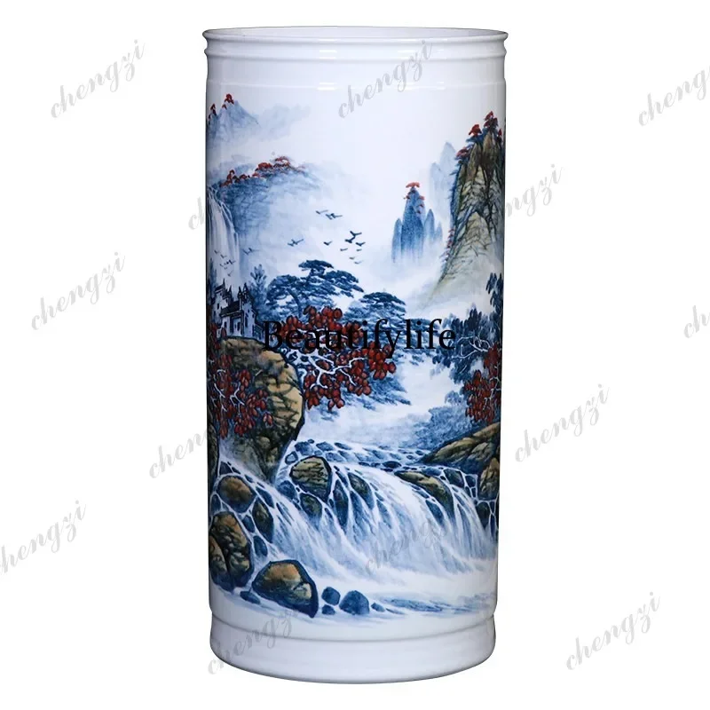 03 Hand painted Chinese floor blue and white bottle quiver ceramic painting and calligraphy cylinder study storage bucket orname