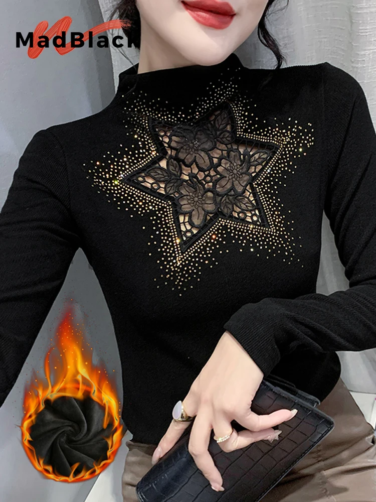 

MadBlack-Женская флисовая футболка в европейском стиле, сексуальный воротник с ромбовидным вырезом, уличная тонкая футболка с длинными рукавами, осень 202, T5O838CC