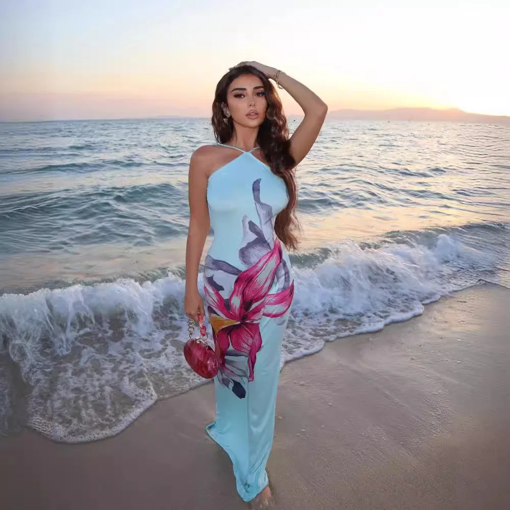 Beach Coverups For Women Bathroom 2024 Summer Dress Long Female Outfits Swimsuit Printed Sexy Hanging Neck Sleeveless Casual