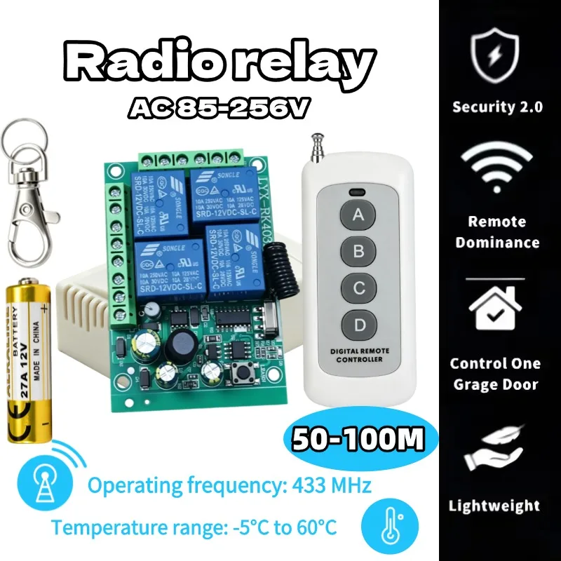 Wide Voltage AC85-256V 10A Relay, 4-Channel Independent Control, with 4-Button 433MHz RF Remote