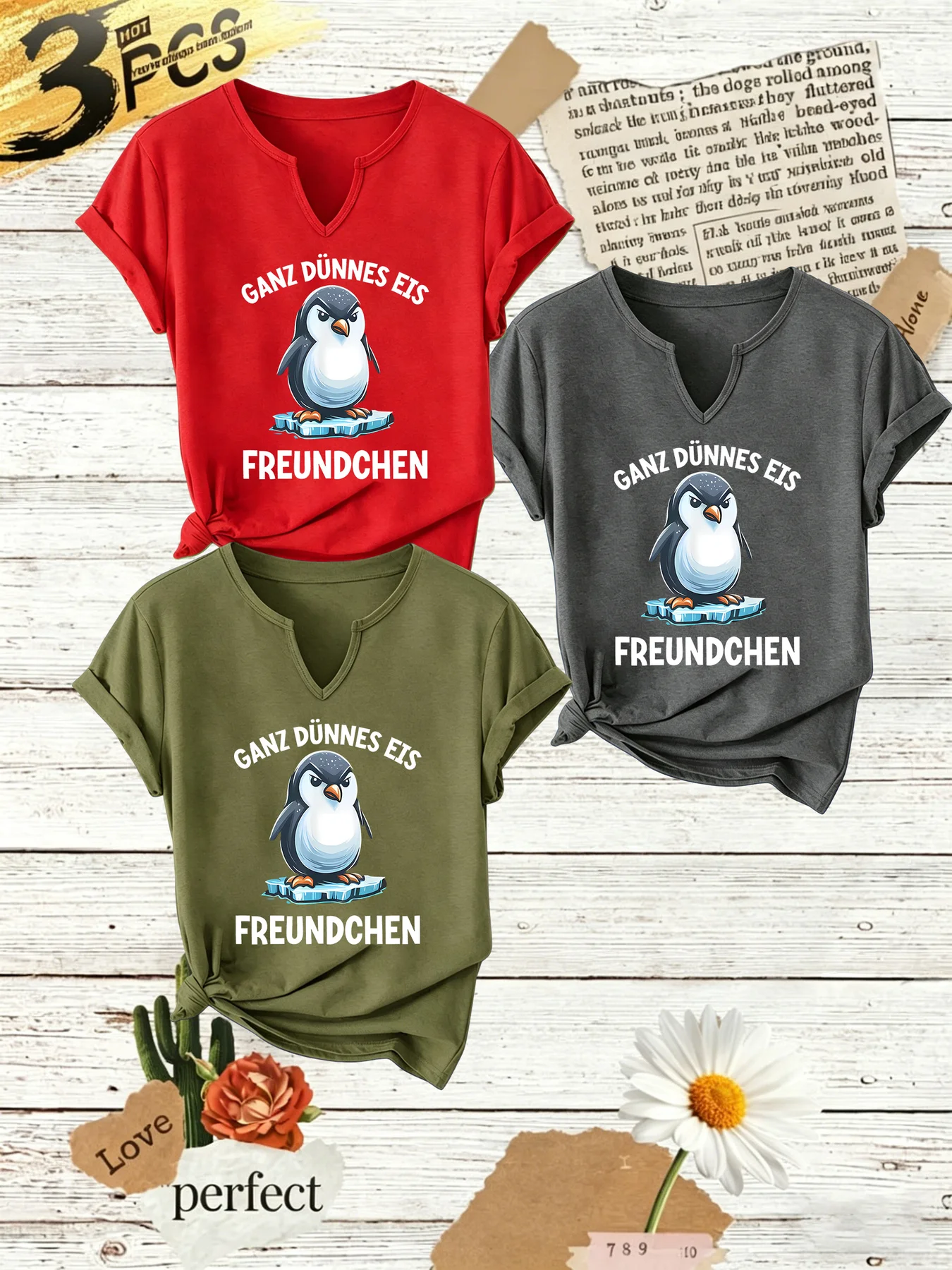 Women's Summer V Neck Tees 3 Pack, Cute Penguin with German Letter Print, Casual Short Sleeve Multipack T-Shirts for Daily Wear