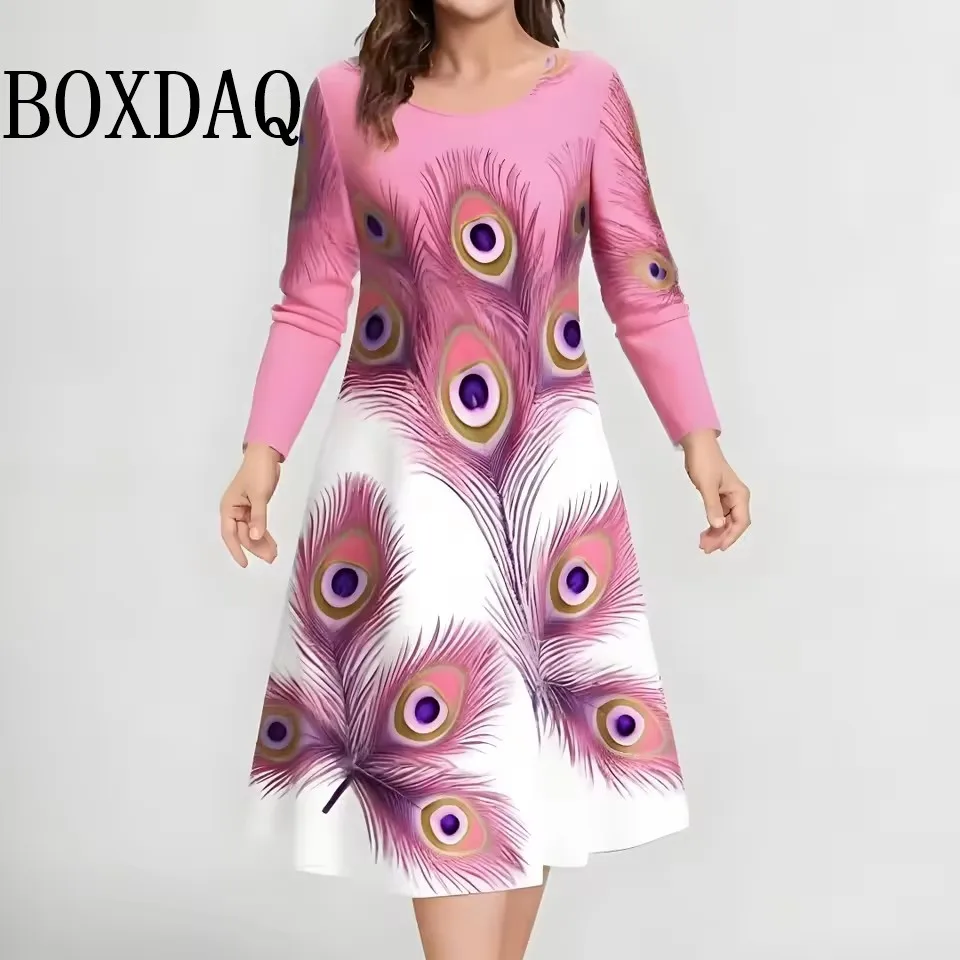 Elegant Plus Size Feather Print Dress - close-up view