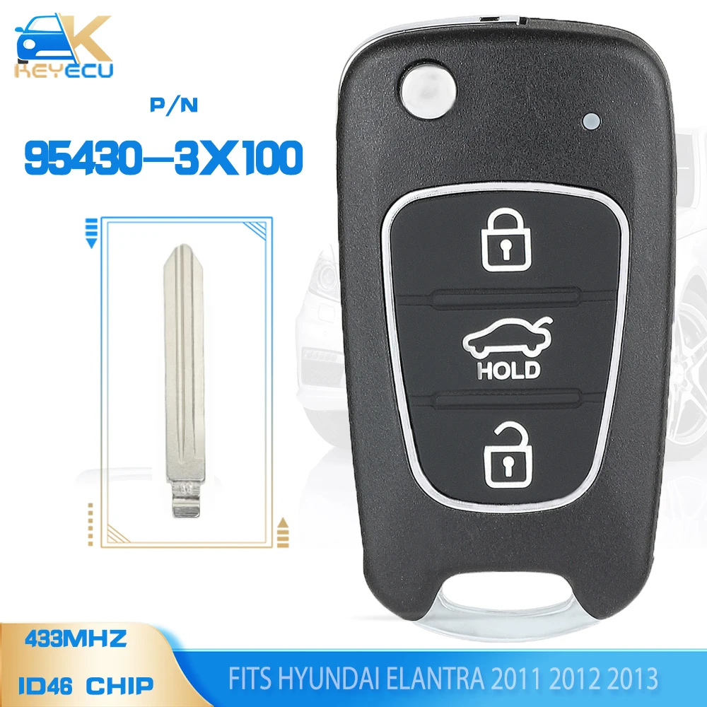 KEYECU P/N: 95430-3X100 , OKA-186T Upgraded Flip Remote Key Fob 3 Button 433MHz ID46 Chip for Hyundai Elantra 2011 2012 2013