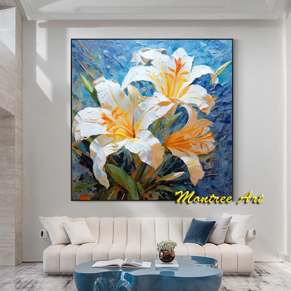 Hand Painted Oil Painting Large Lily Flower Oil Painting Canvas Abstract Original Floral Wall Art Modern Living Room Home Decor