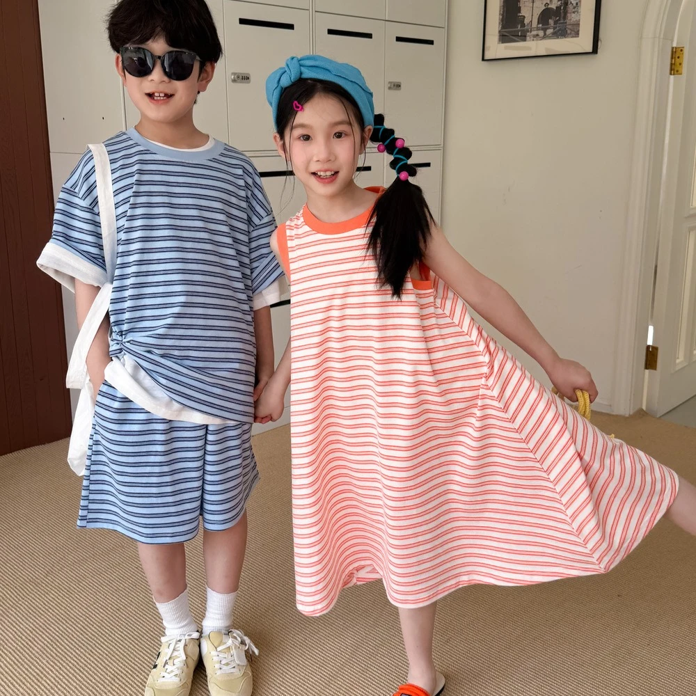 Set 2026 Spring and Summer New Childrens Wear Boys and Girls Stripe Short-sleeved Shorts Two-piece Dress Brother and Sister