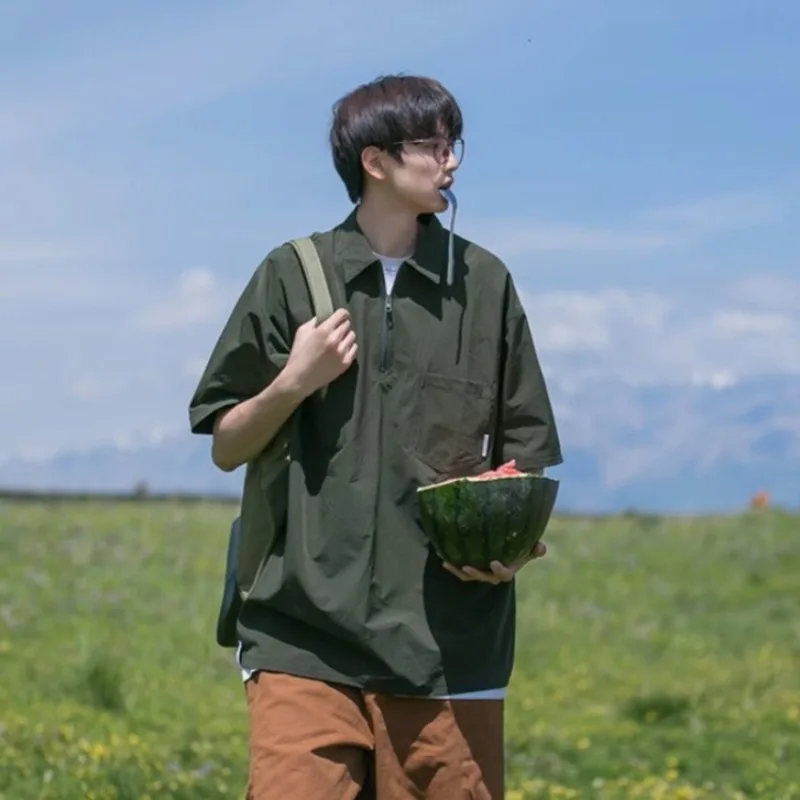 

Short Sleeve Japanese Style Men Workwear Shirt Polo Two Piece Set Stylish Summer New Outfit