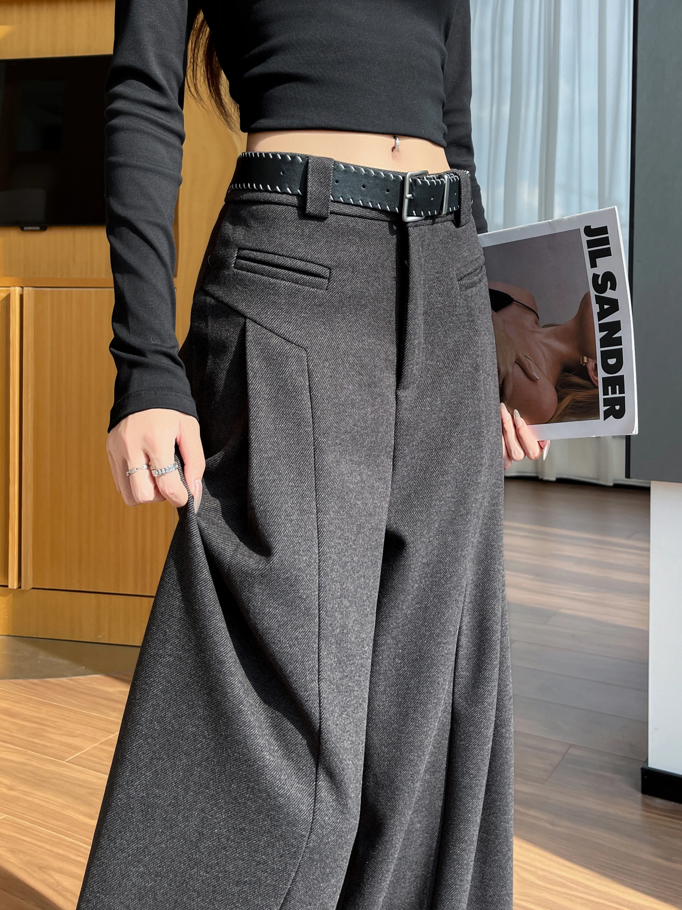 Ay Thiened Traje de lana Pantalones de pierna ancha Pantalones casuales rectos hasta el suelo adelgazantes de cintura alta para mujer