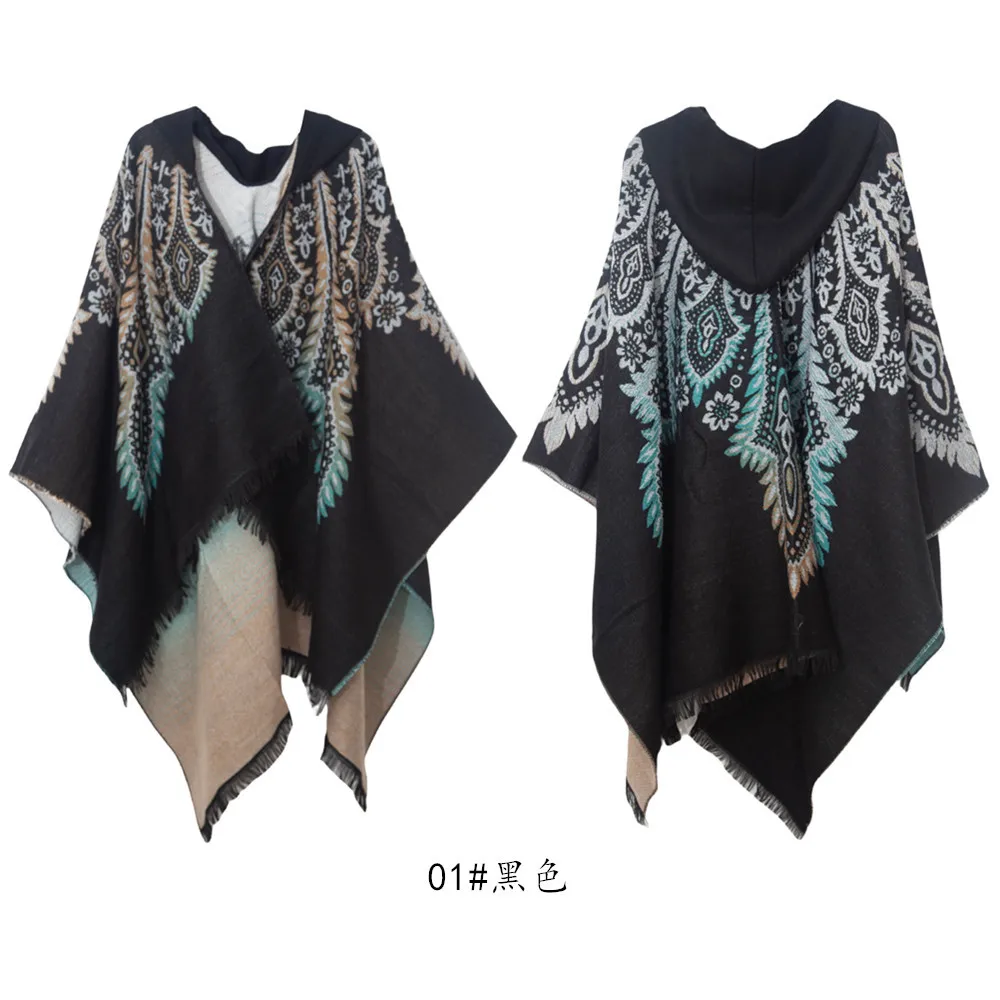 Poncho Cloak Travel Warm Split Cape New Ethnic Style Hooded Cape with Wind Flowing Su Imitation Cashmere Shawl  Women Coat