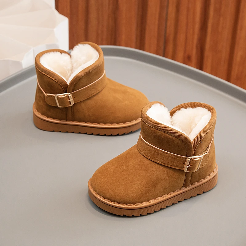 Little Girls Warm-lined Boots with Buckle Strap 2025 New Winter Kids Thick Plush Lined Leather Boots Non-slip Simple Snow Boots