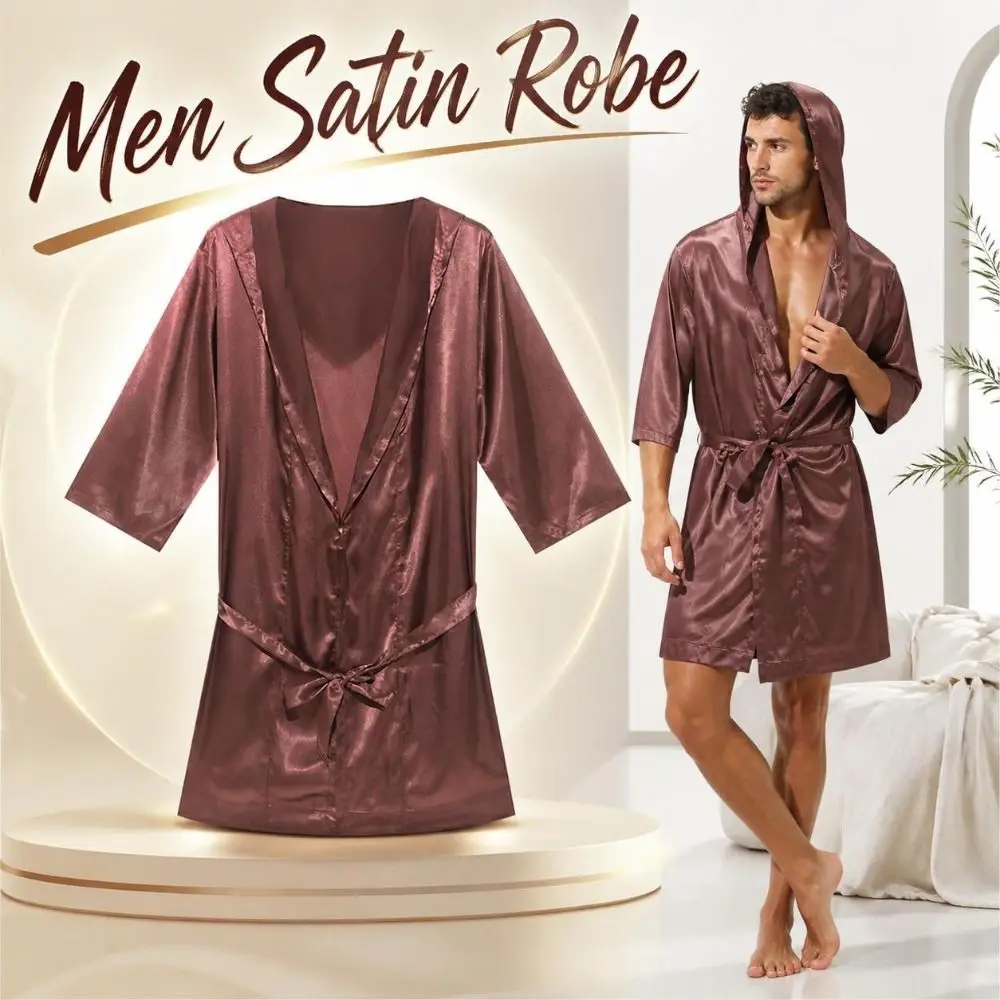 Luxury Smooth Men Satin Robe Short-sleeve Lightweight Silk Bathrobe Loose-fit Comfortable Mens Dressing Gown Nightwear