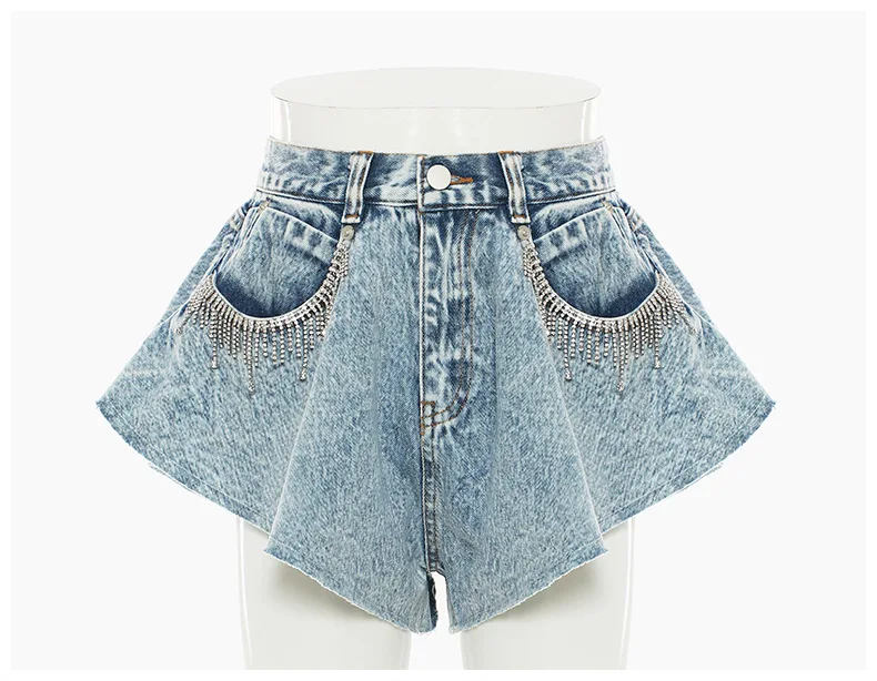 2024 Summer Holiday Casual Wide Leg Denim Shorts Diamonds Fashion Ruffles Shorts Women Pants Zipper Fly Streetwear Short Jeans